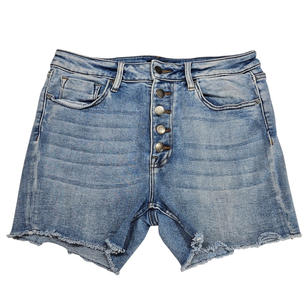 Aqua Womens Light Wash High Rise Button Fly Raw Hem Denim Shorts Size 29